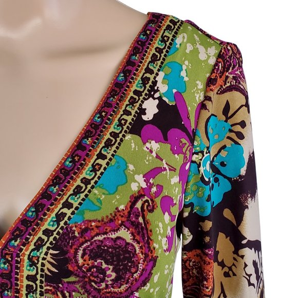 Floral Boho Dress Women's S Knit Stretch V Neck Tie Long Sleeve Brown & Purple - Picture 8 of 13